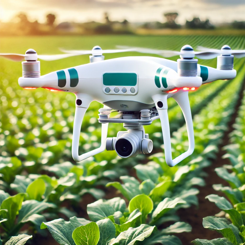 DALL·E 2024-07-18 14.45.40 - A drone flying over a crop field, capturing images and data for crop health monitoring. The drone is equipped with cameras and sensors to detect disea