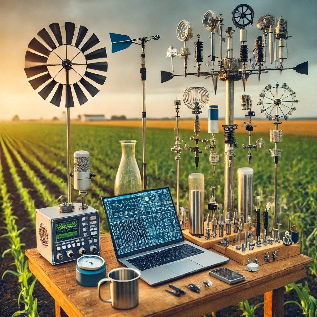 DALL·E 2024-07-18 14.46.03 - A weather prediction station in an agricultural field, equipped with various meteorological instruments such as anemometers, weather vanes, and data c
