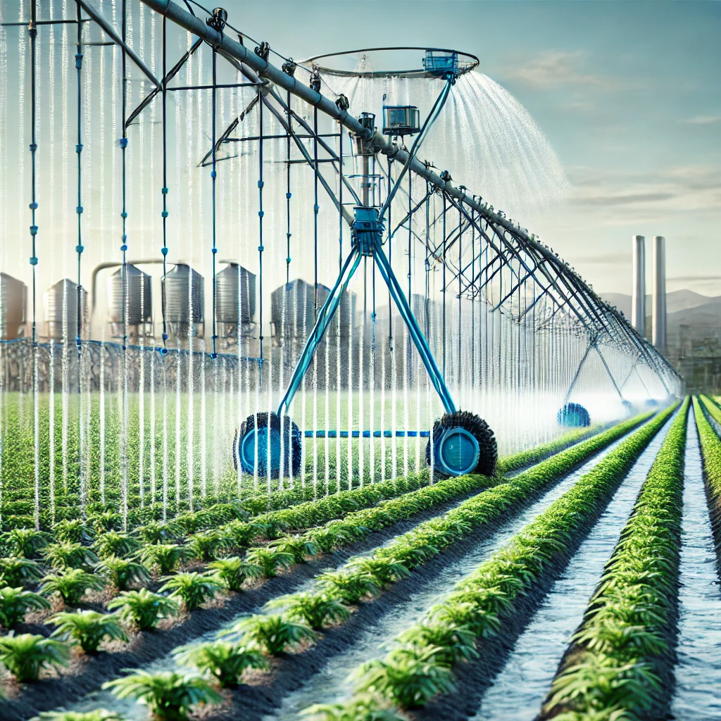 DALL·E 2024-07-18 14.47.46 - A modern agricultural field with an efficient irrigation system, showcasing water management techniques such as drip irrigation or sprinkler systems,